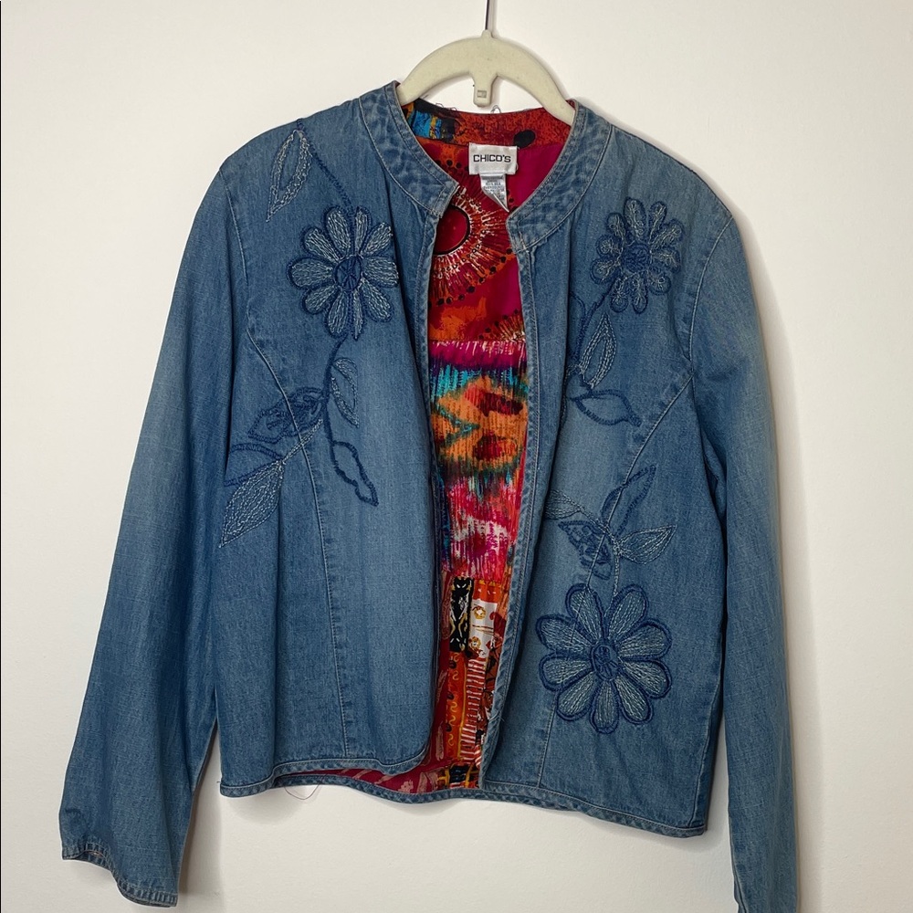 Chico's Blue Denim Jacket with Floral Embroidery and colorful lining